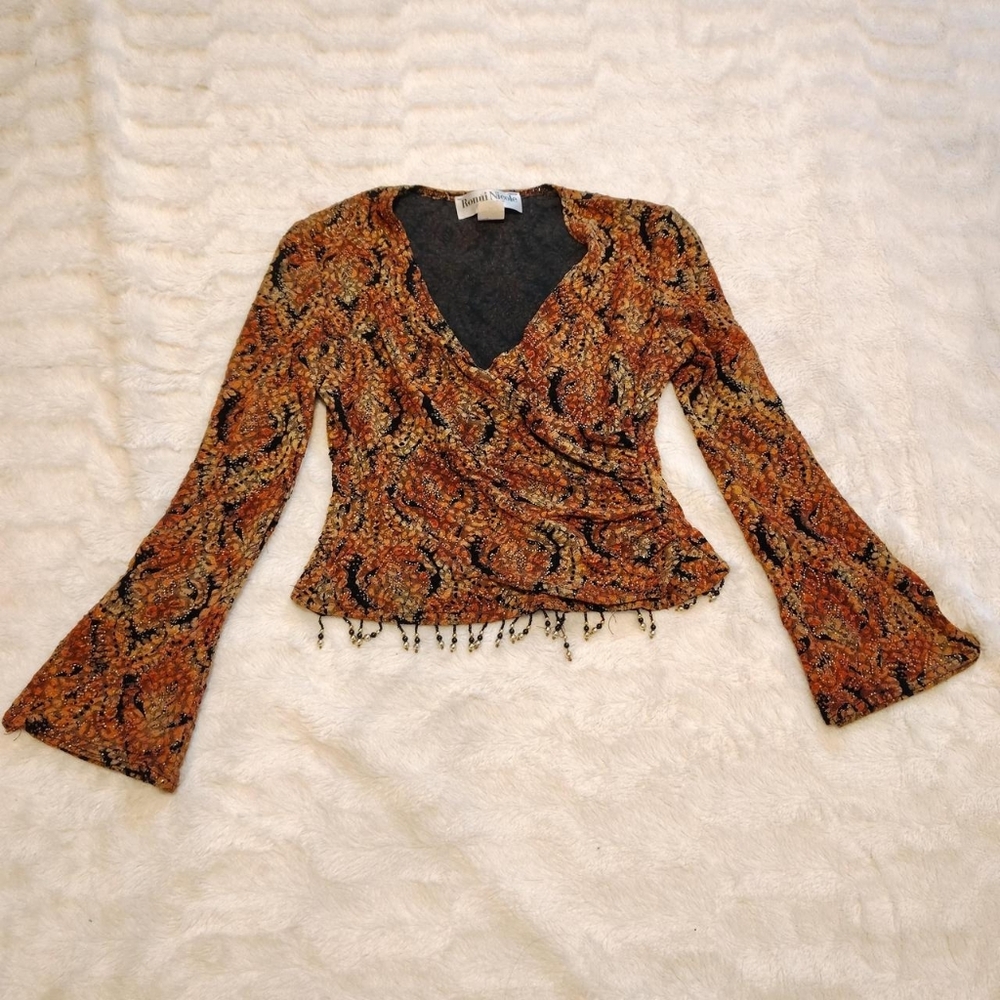 Ronnie Nicole Orange And Black Bell Sleeve Top
